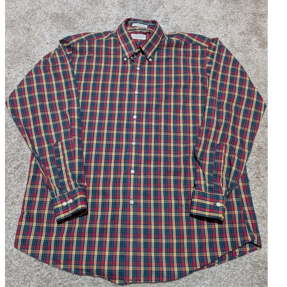VTG Hathaway Shirt Mens XL Red Green Plaid Button Down Wrinkle Free Made in USA